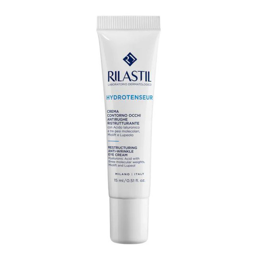 Tubo bianco con testo blu. Scritto: RILASTIL, HYDROTENSEUR, crema contorno occhi. 15 ml.