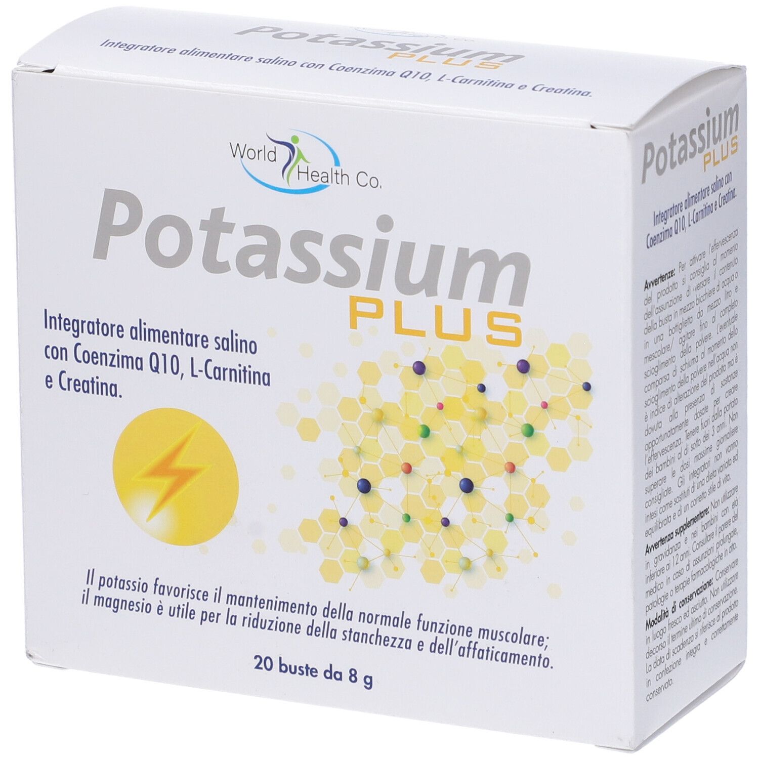Scatola bianca "Potassium PLUS". Testo: "Integratore alimentare salino". 20 bustine. Logo "World Health Co.".