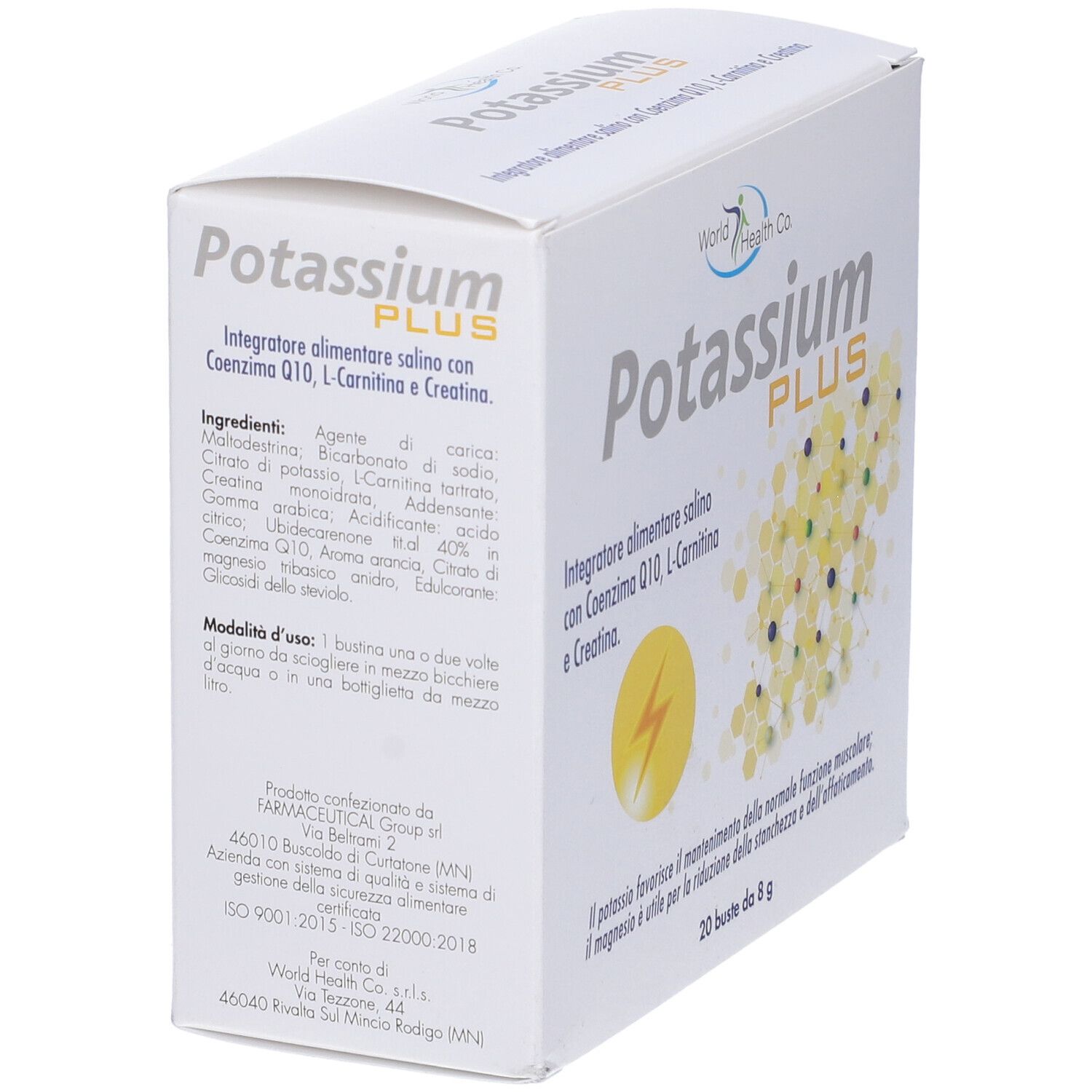Scatola bianca "Potassium PLUS". Retro con ingredienti e dosaggio. Logo "World Health Co.".