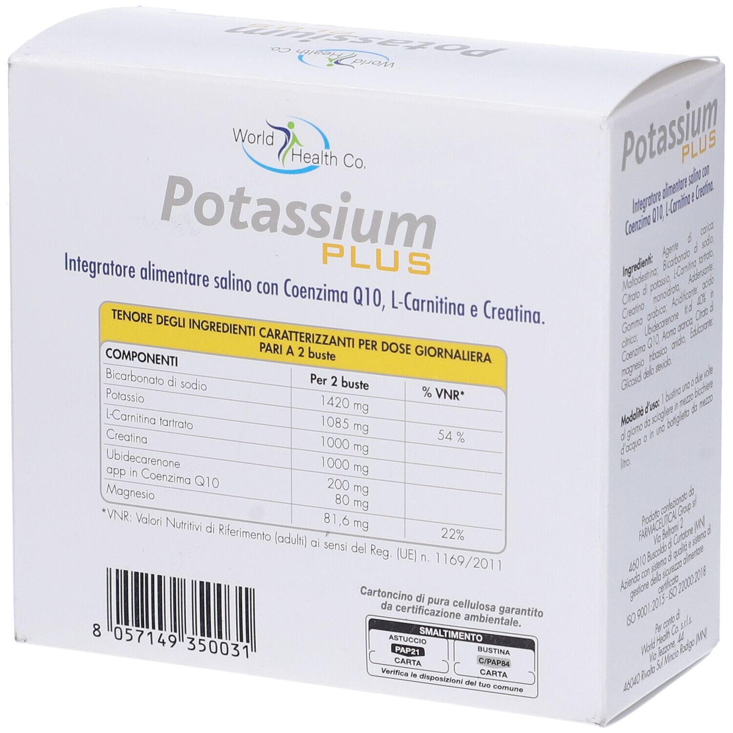 Scatola bianca "Potassium PLUS". Retro con ingredienti e valori nutrizionali. Certificazione ISO.