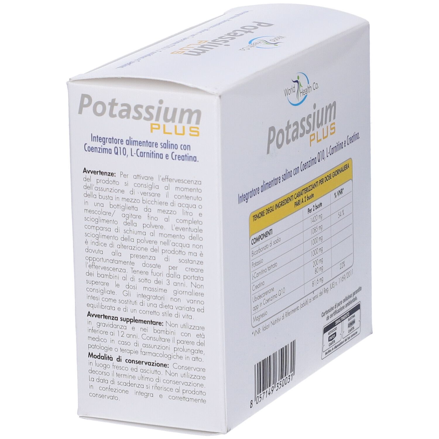 Scatola bianca "Potassium PLUS". Retro con avvertenze e ingredienti. Logo "World Health Co.".