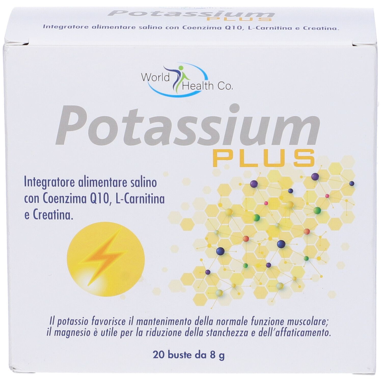 Scatola bianca "Potassium PLUS". Testo e simbolo fulmine giallo. 20 bustine. Logo "World Health Co.".