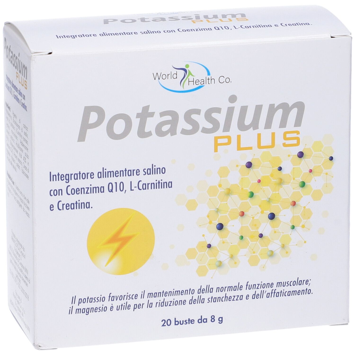 Scatola bianca "Potassium PLUS". Testo e simbolo fulmine giallo. 20 bustine. Logo "World Health Co.".