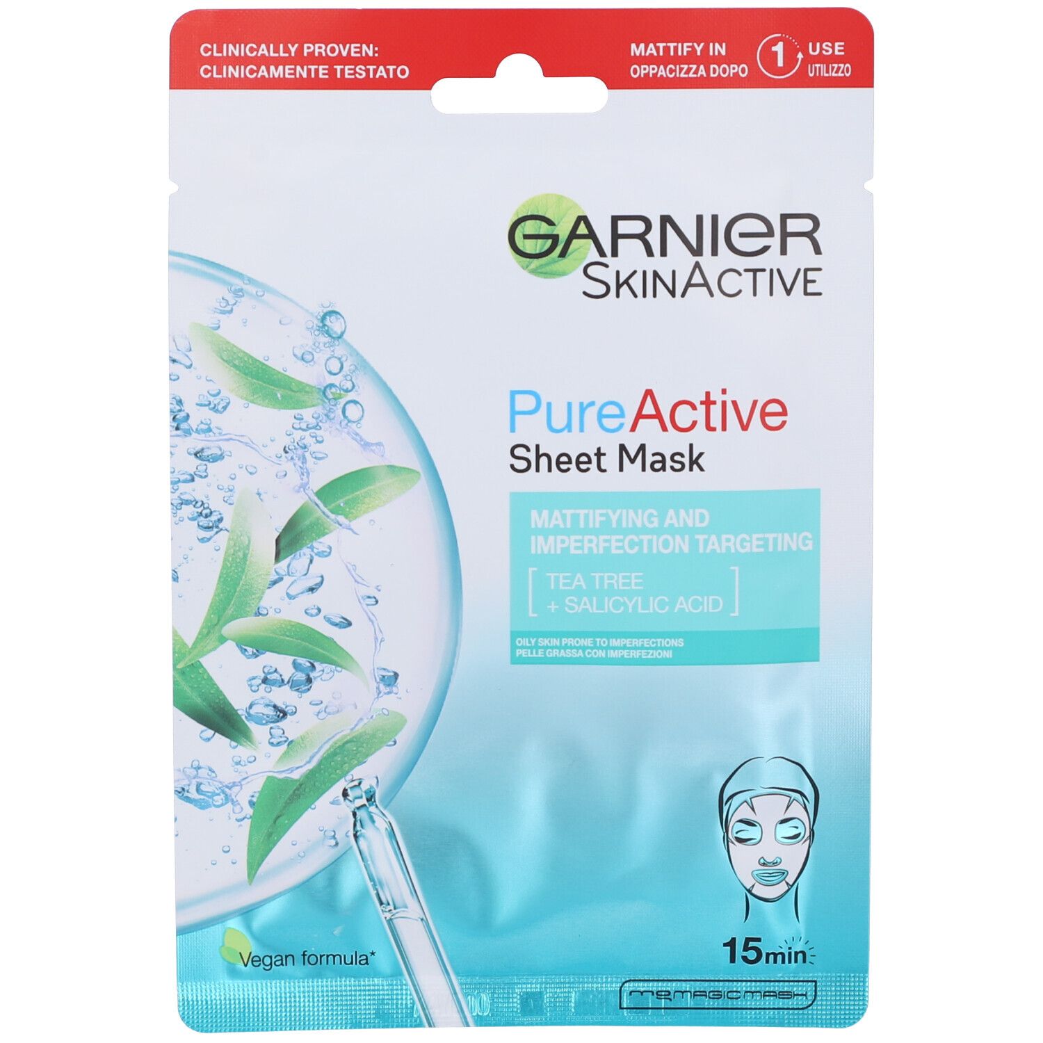 Garnier SkinActive, Maschera in tessuto anti-imperfezioni e idratante Pure Active, Per pelli grasse con imperfezioni