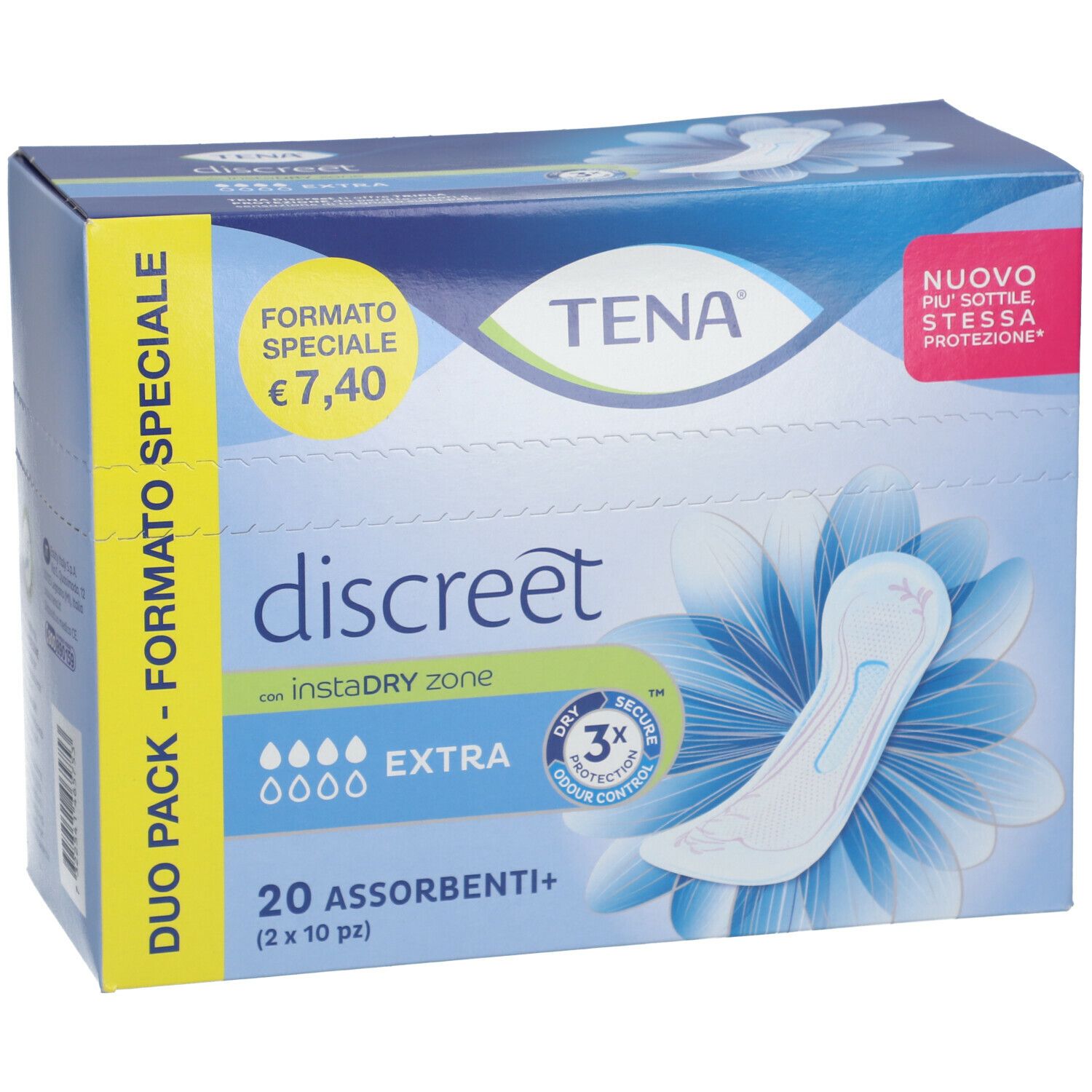 Confezione TENA Discreet Extra. Duo-pack da 20 assorbenti. Confezione blu e bianca con immagine del prodotto e testo.