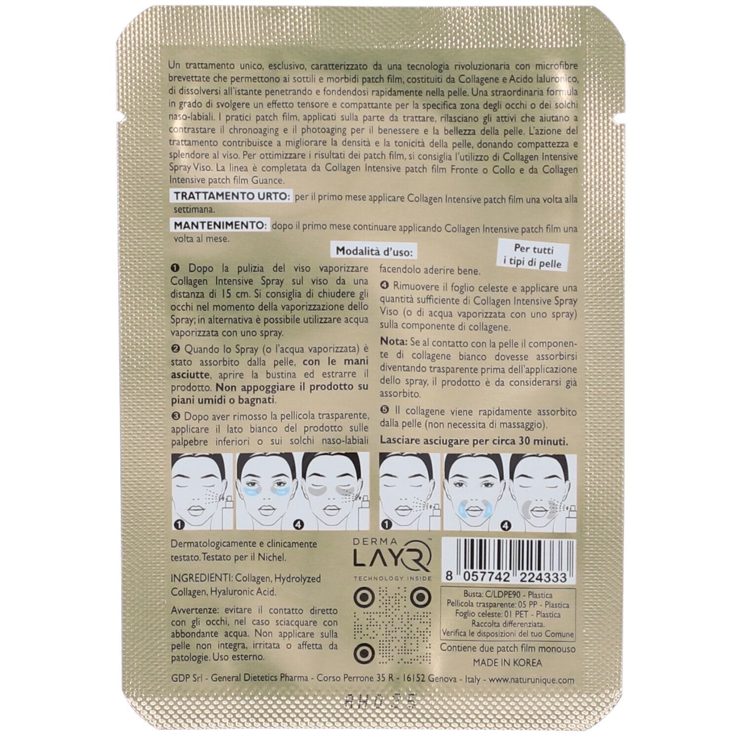 Retro della confezione. Testo e illustrazioni. Ingredienti: collagene, acido ialuronico. Dermatologicamente testato.