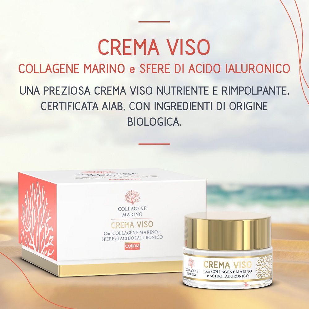 Confezione e vasetto di crema viso su spiaggia, con testo sugli ingredienti.