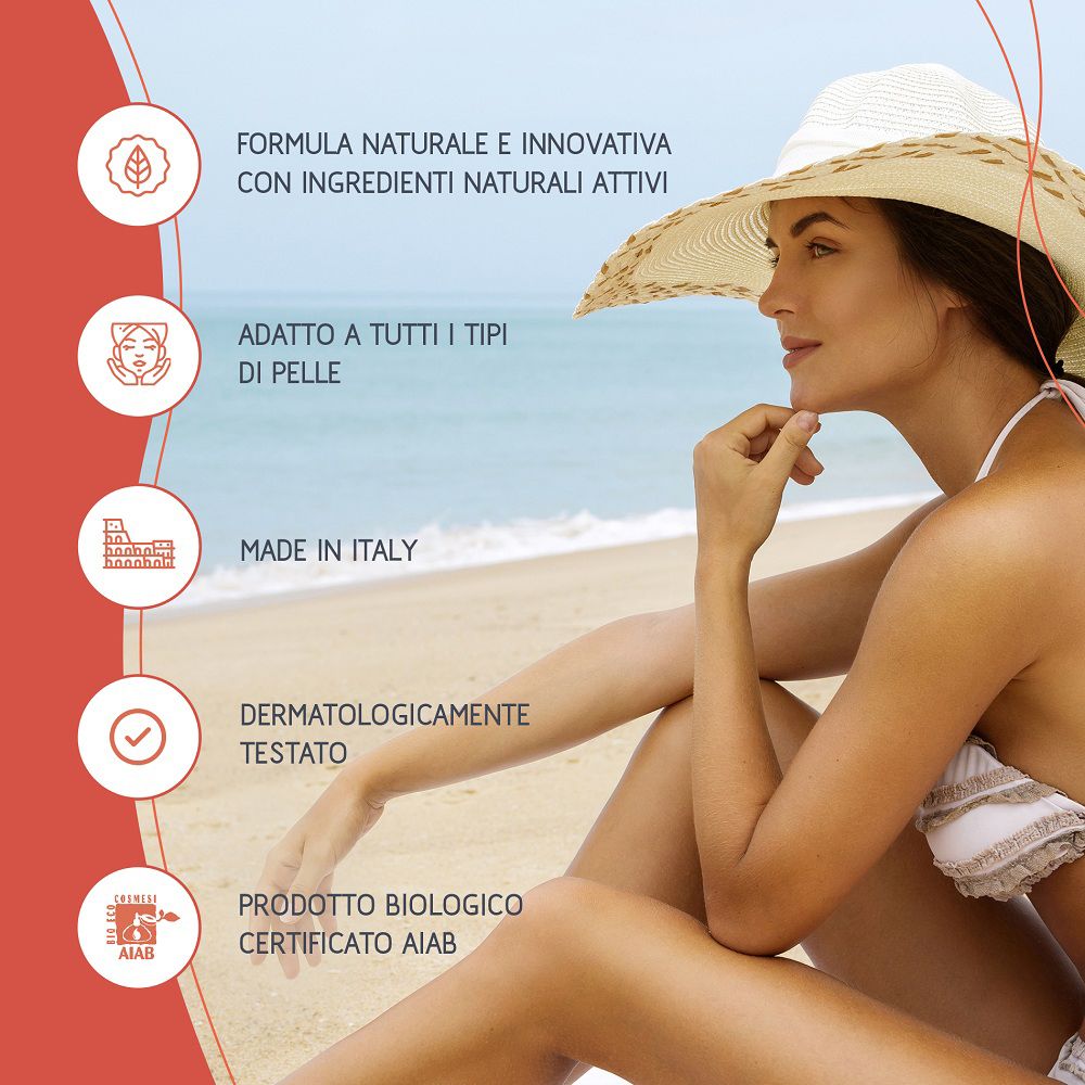 Donna in spiaggia con icone: Natura, tipi di pelle, Made in Italy, testato dermatologicamente, Bio.