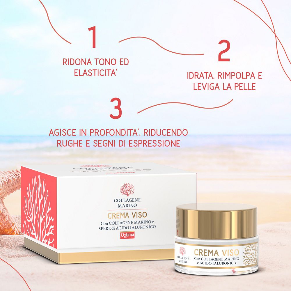 Confezione e vasetto di crema viso con sfondo spiaggia e testo sui benefici.