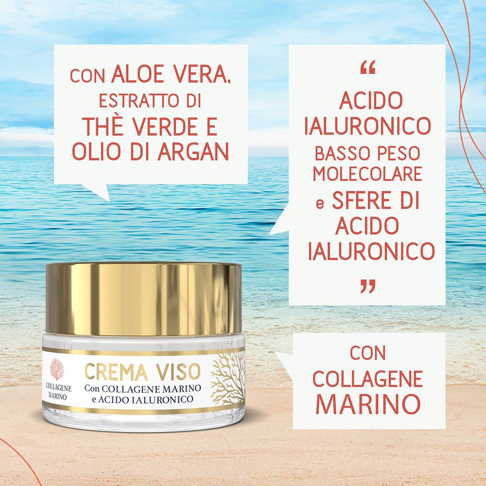 Vasetto di crema viso con fumetti su aloe vera, tè verde, olio di argan e collagene.