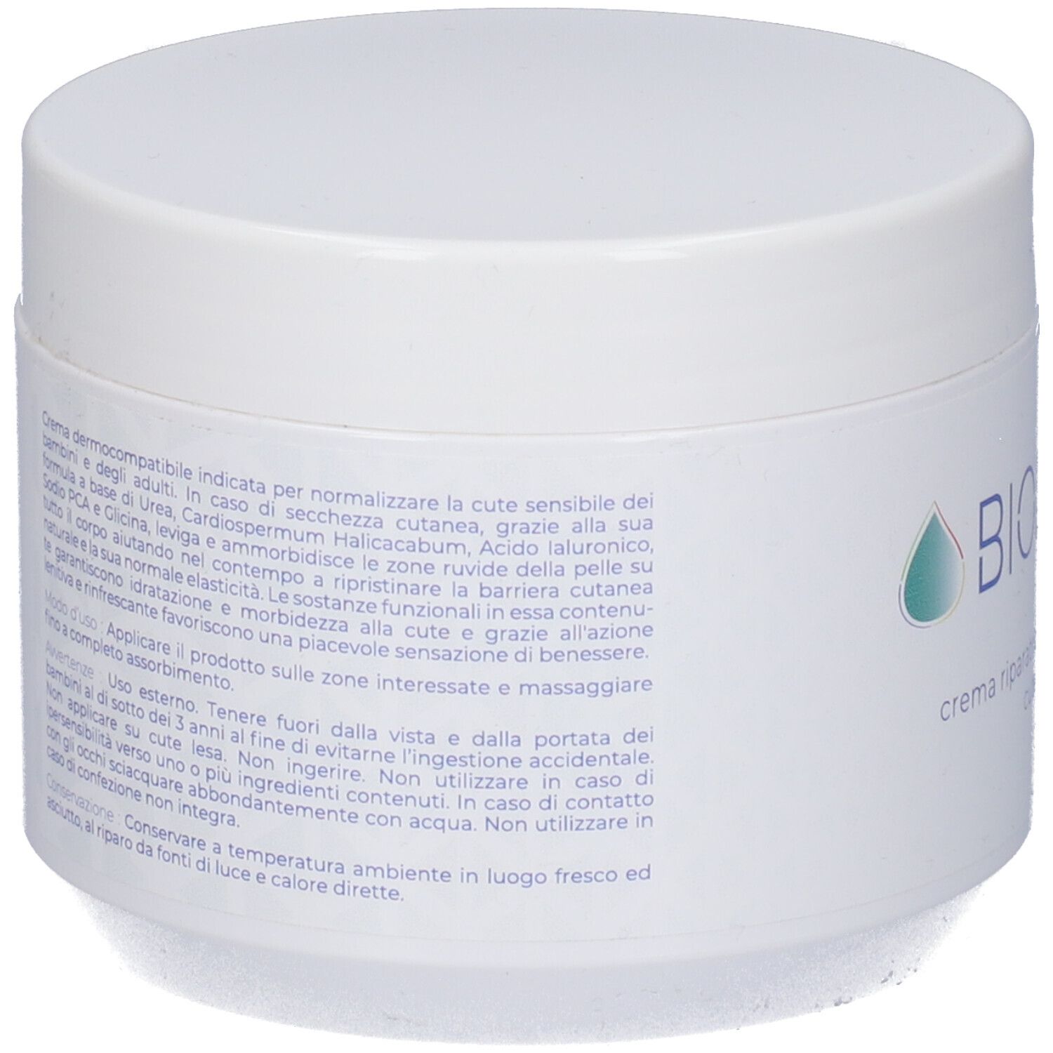 Vaso bianco con testo sul retro. Testo in italiano. Scritta: BIOIRIS 500 crema.