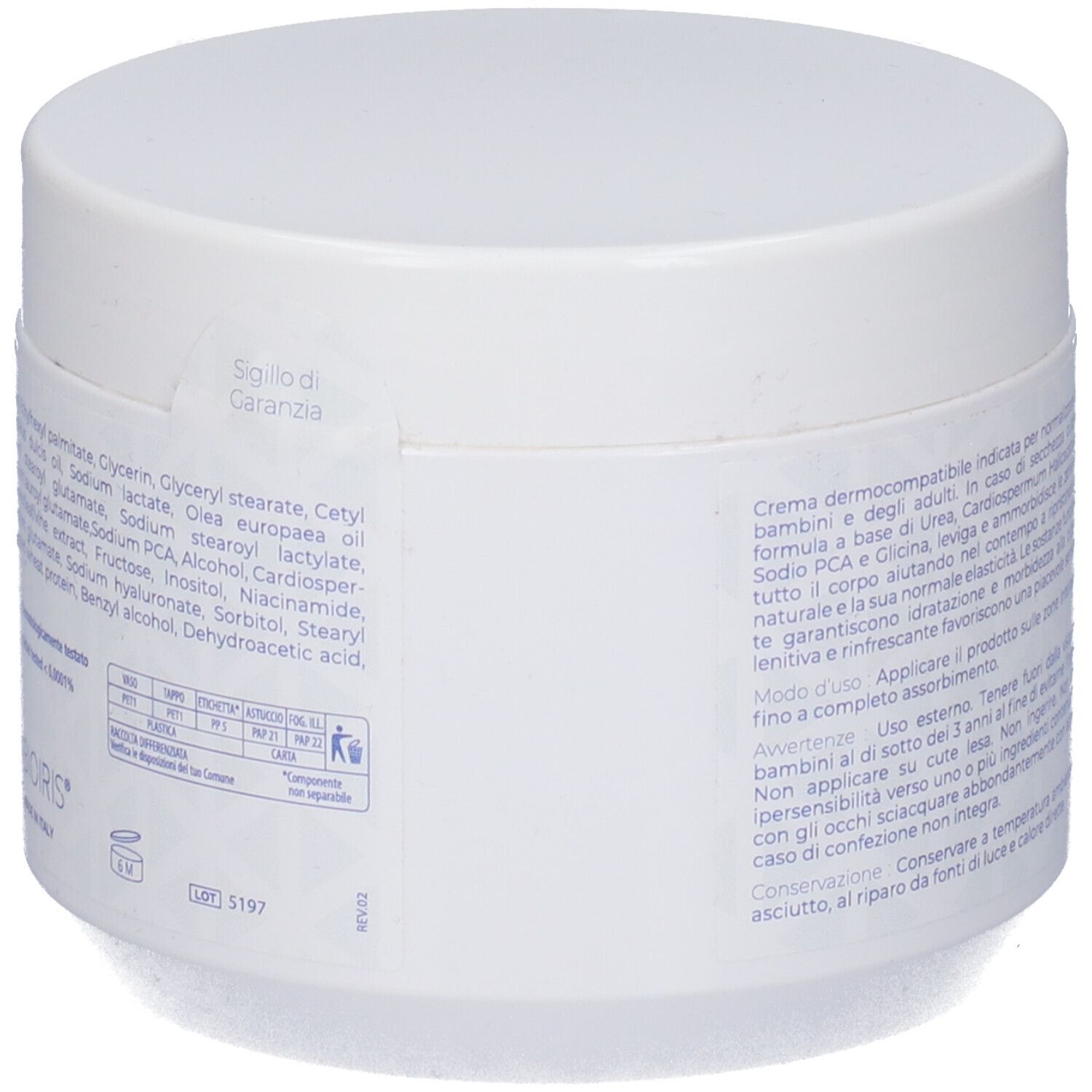 Vaso bianco con coperchio. Testo sul retro in italiano. Sigillo con scritta: Sigillo di Garanzia.
