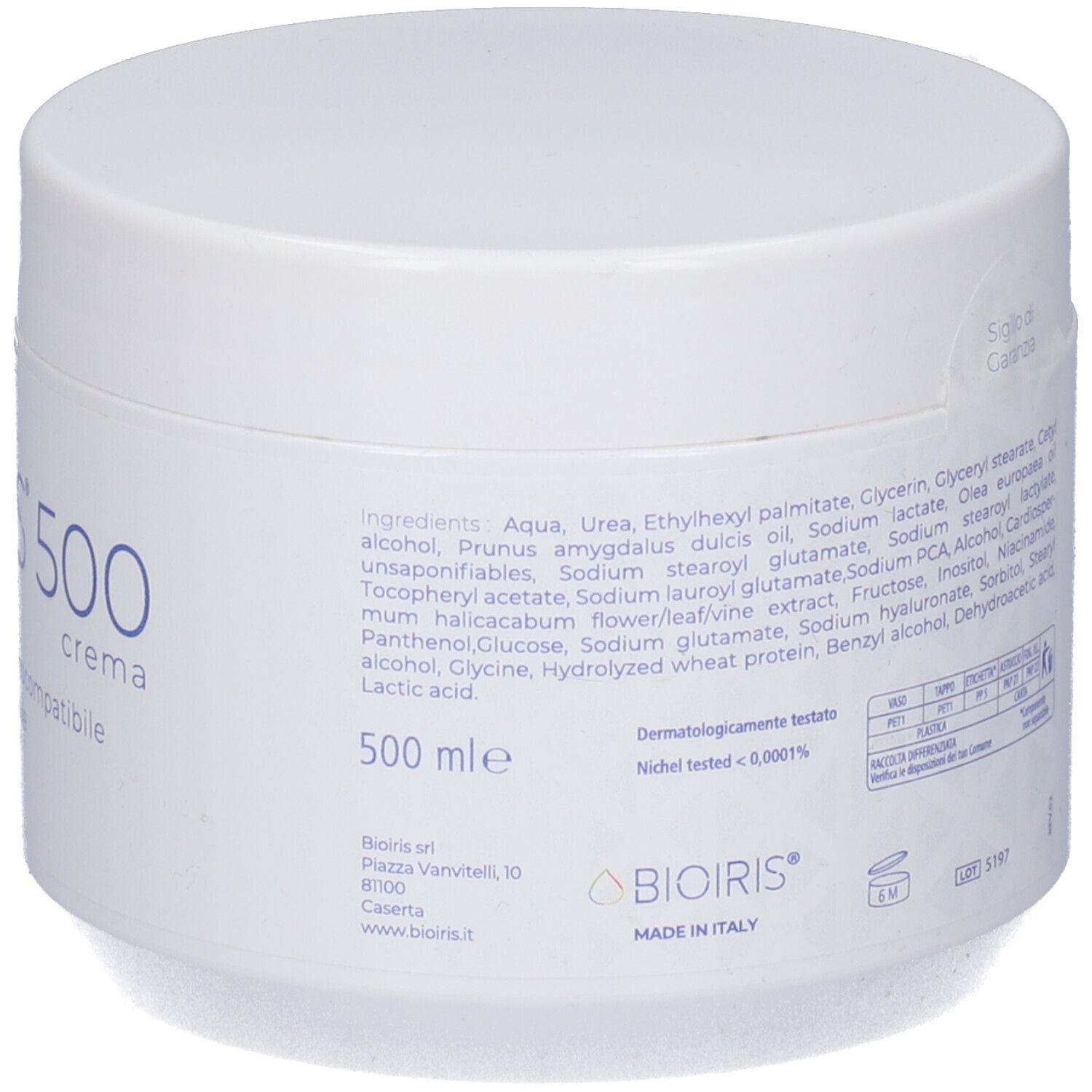 Vaso bianco con coperchio. Scritta: BIOIRIS 500 crema. Testo sul retro in italiano. 500 mle.