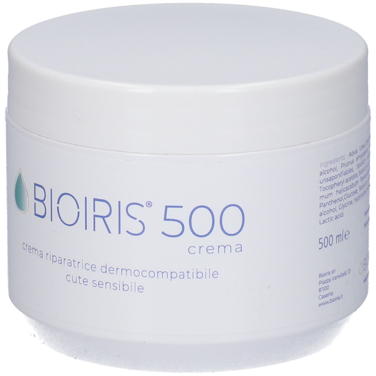 Vaso bianco con coperchio. Scritta: BIOIRIS 500 crema. Sotto: crema riparatrice dermocompatibile cute sensibile. 500 mle.