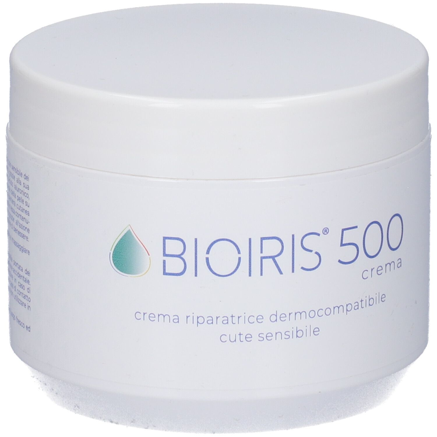 Vaso bianco con coperchio. Scritta: BIOIRIS 500 crema. Sotto: crema riparatrice dermocompatibile cute sensibile.