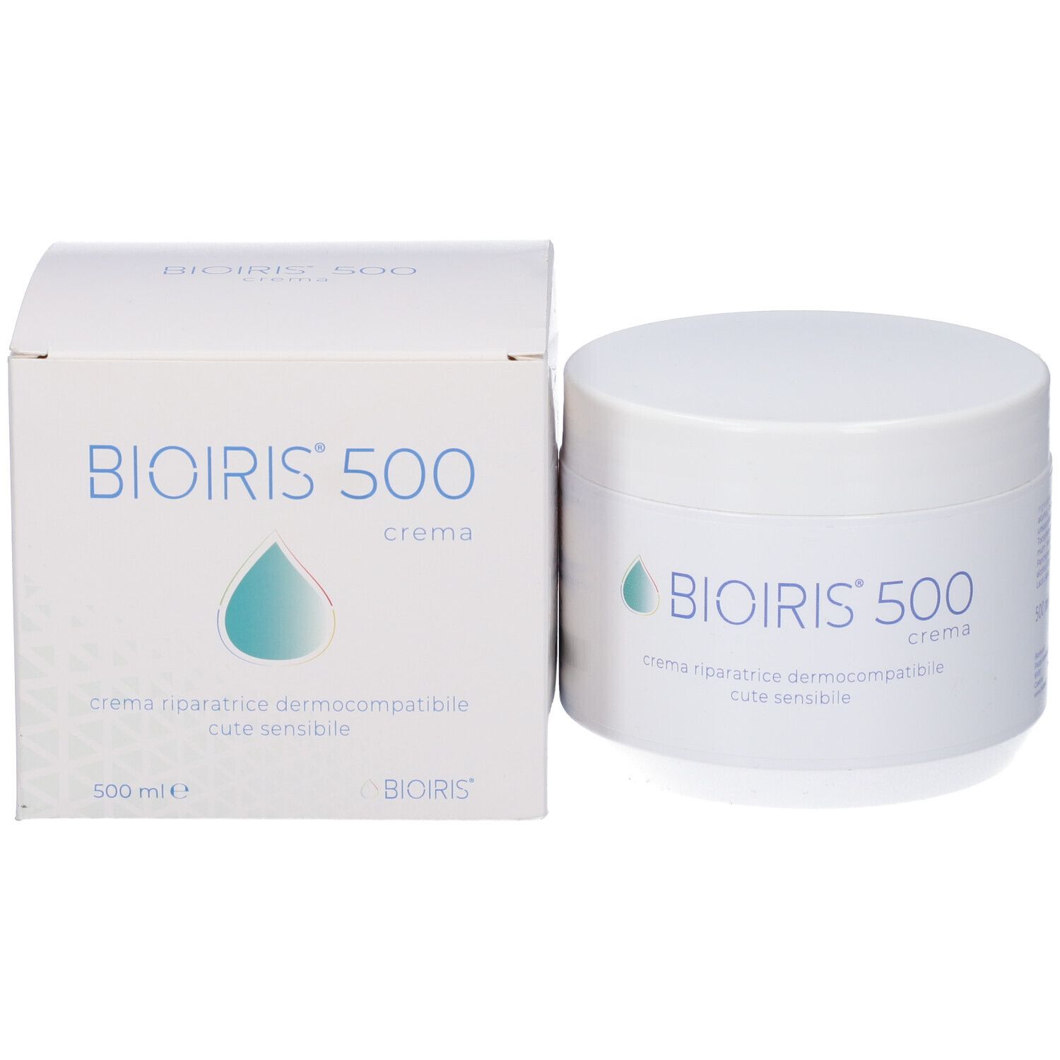 Vaso e scatola bianchi. Scritta: BIOIRIS 500 crema. Sulla scatola: crema riparatrice dermocompatibile cute sensibile. 500 mle.