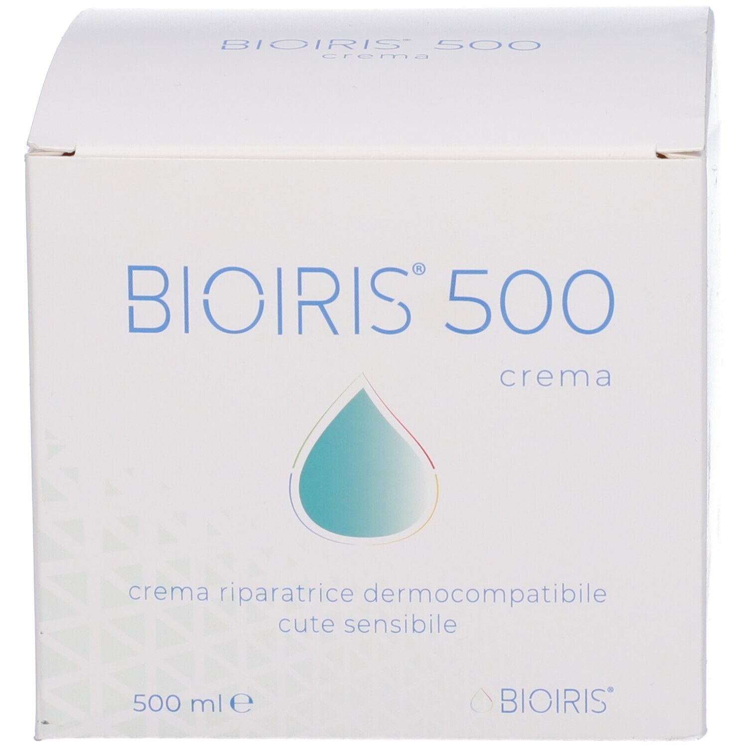 Scatola bianca. Scritta: BIOIRIS 500 crema. Sotto: crema riparatrice dermocompatibile cute sensibile. 500 mle.