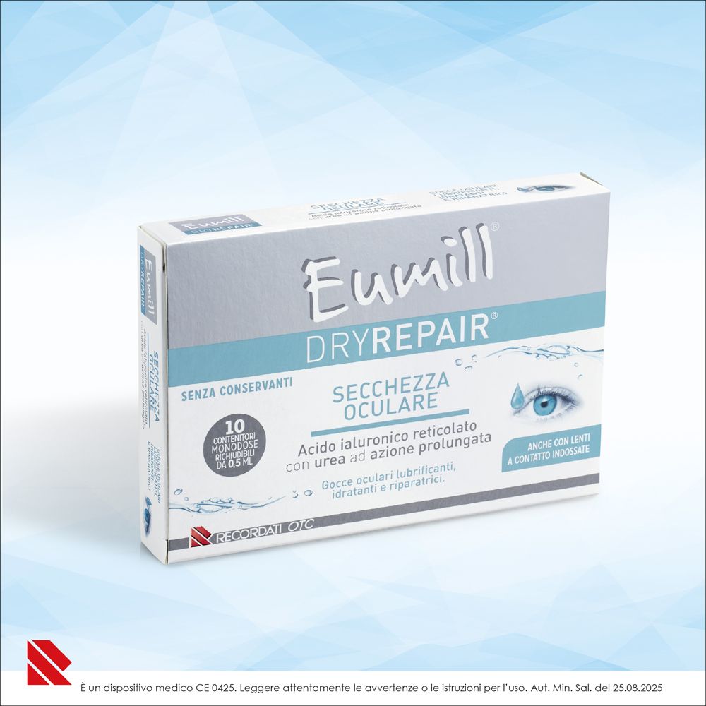 Confezione Eumill DRYREPAIR di lato: 10 contenitori monodose sterili da 0,5ml.