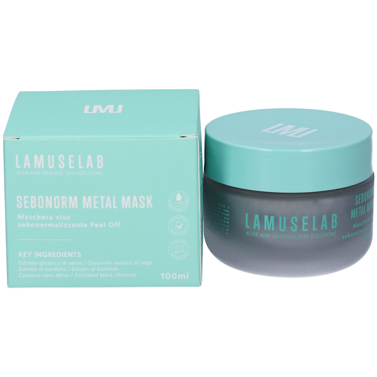 Prodotto e confezione. Vaso e scatola. Scritta LAMUSELAB, SEBONORM METAL MASK. Ingredienti chiave: Salvia, Bardana, Carbone attivo. 100ml.