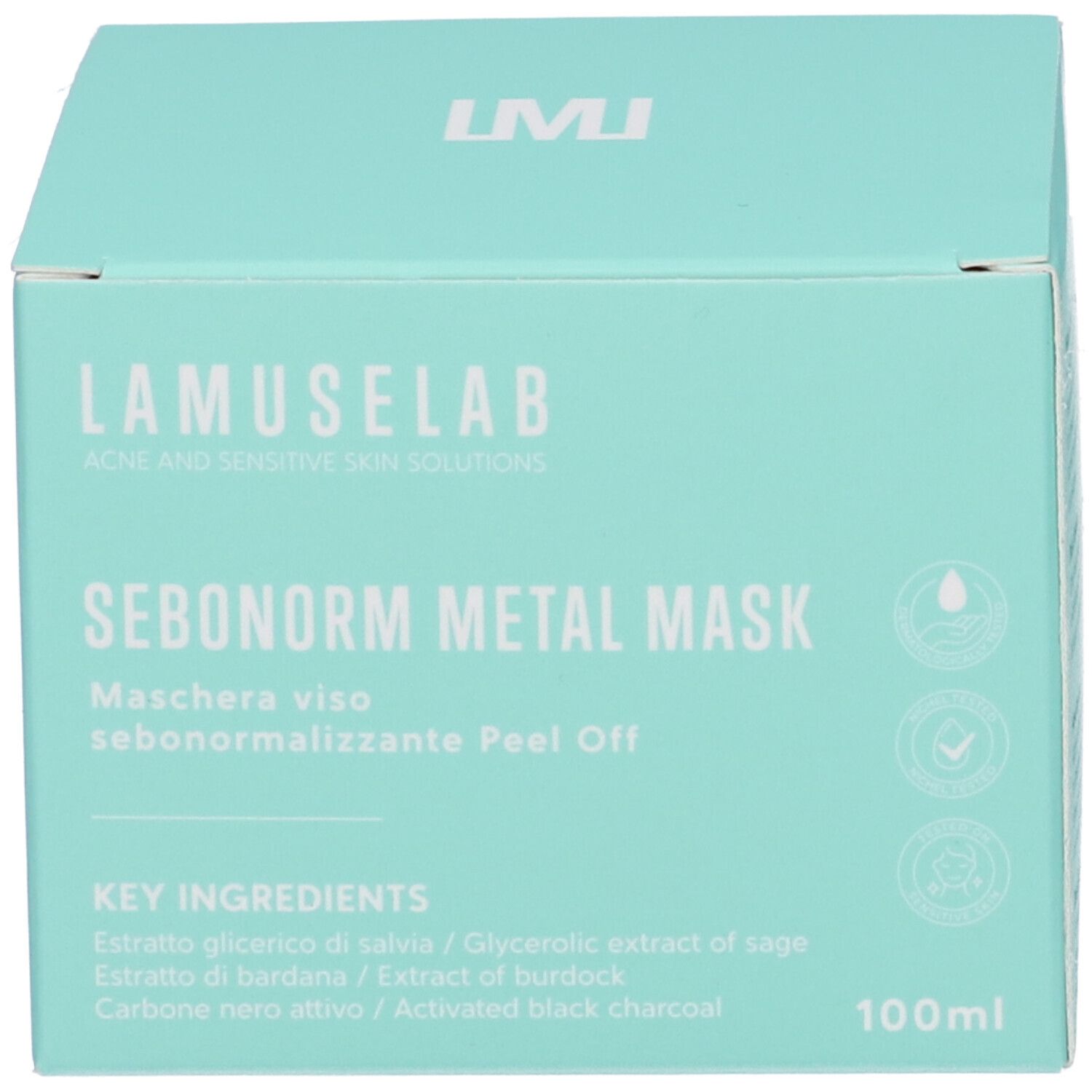 Scatola turchese. Scritta LAMUSELAB, SEBONORM METAL MASK. Ingredienti chiave: Salvia, Bardana, Carbone attivo. 100ml.