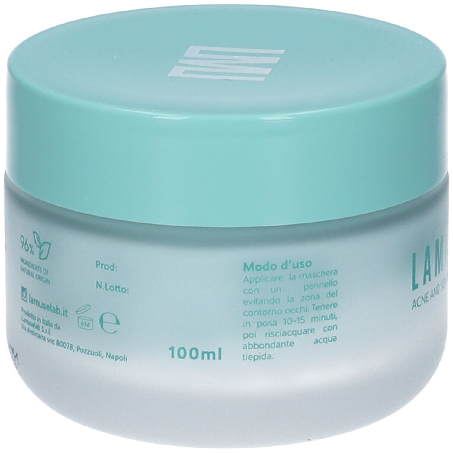 Vaso di crema azzurra con coperchio. Scritta: LAMUSELAB. Retro con istruzioni per l'uso e indicazione 100ml.