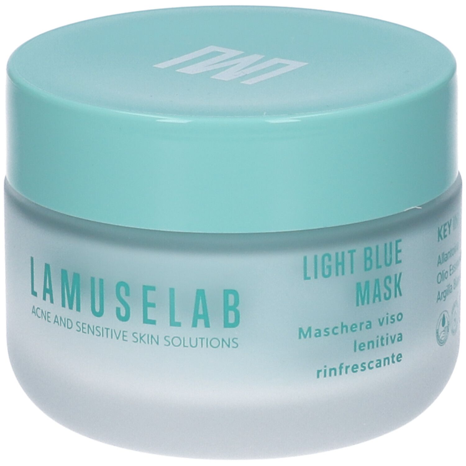 Vaso di crema azzurra con coperchio. Scritta: LAMUSELAB, LIGHT BLUE MASK. Per pelli acneiche e sensibili.