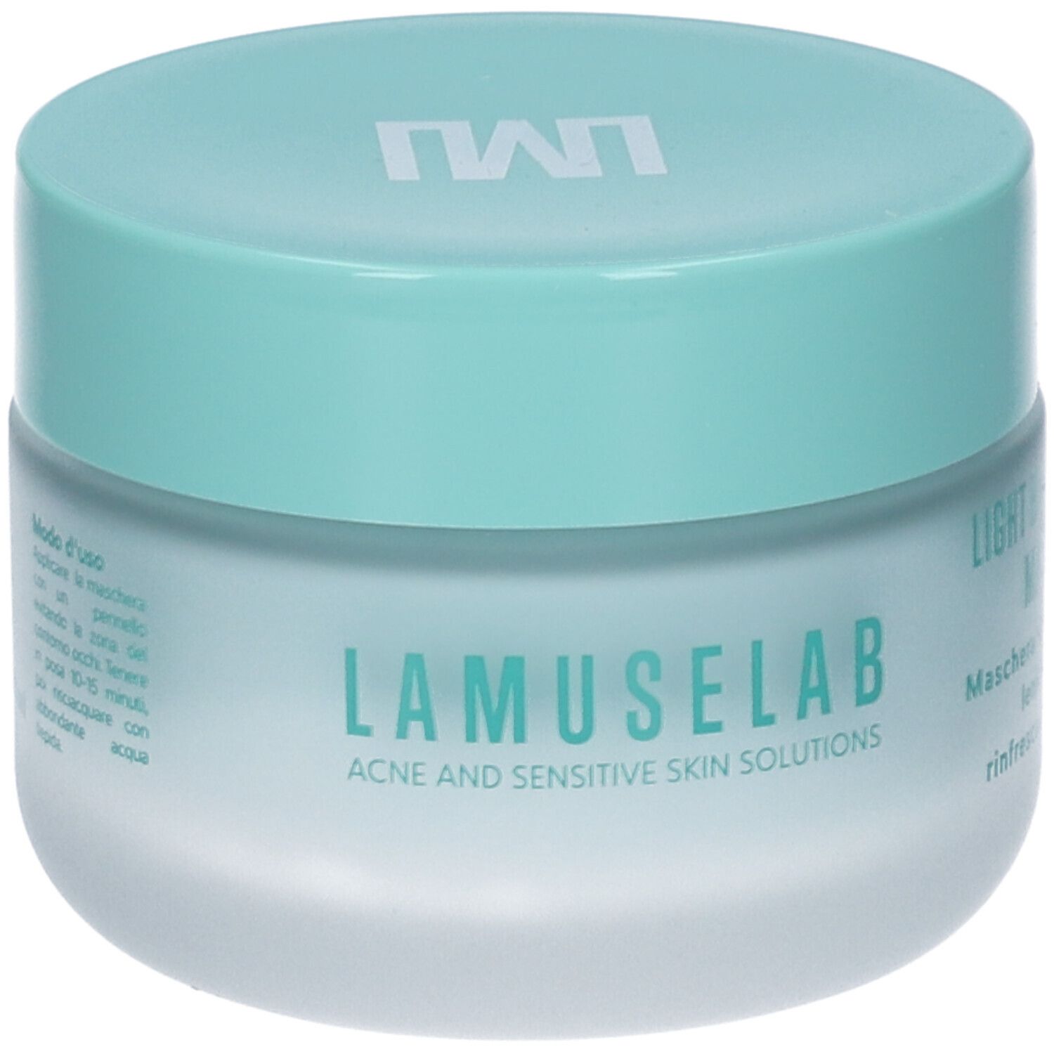 Vaso di crema azzurra con coperchio. Scritta: LAMUSELAB, LIGHT BLUE MASK. Retro con istruzioni per l'uso.