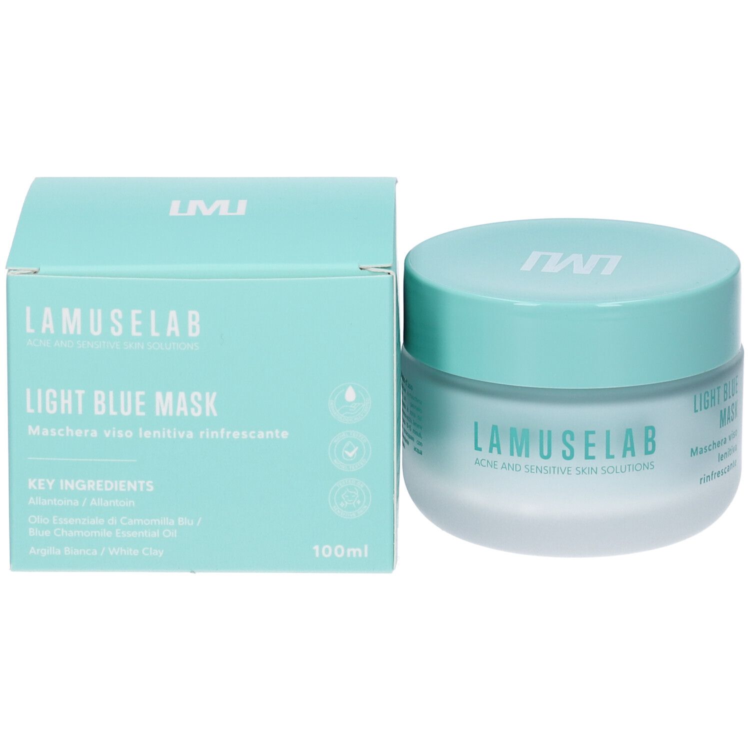 Scatola e vaso azzurri. Scritta: LAMUSELAB, LIGHT BLUE MASK. 100ml. Contiene allantoina, olio di camomilla, argilla.