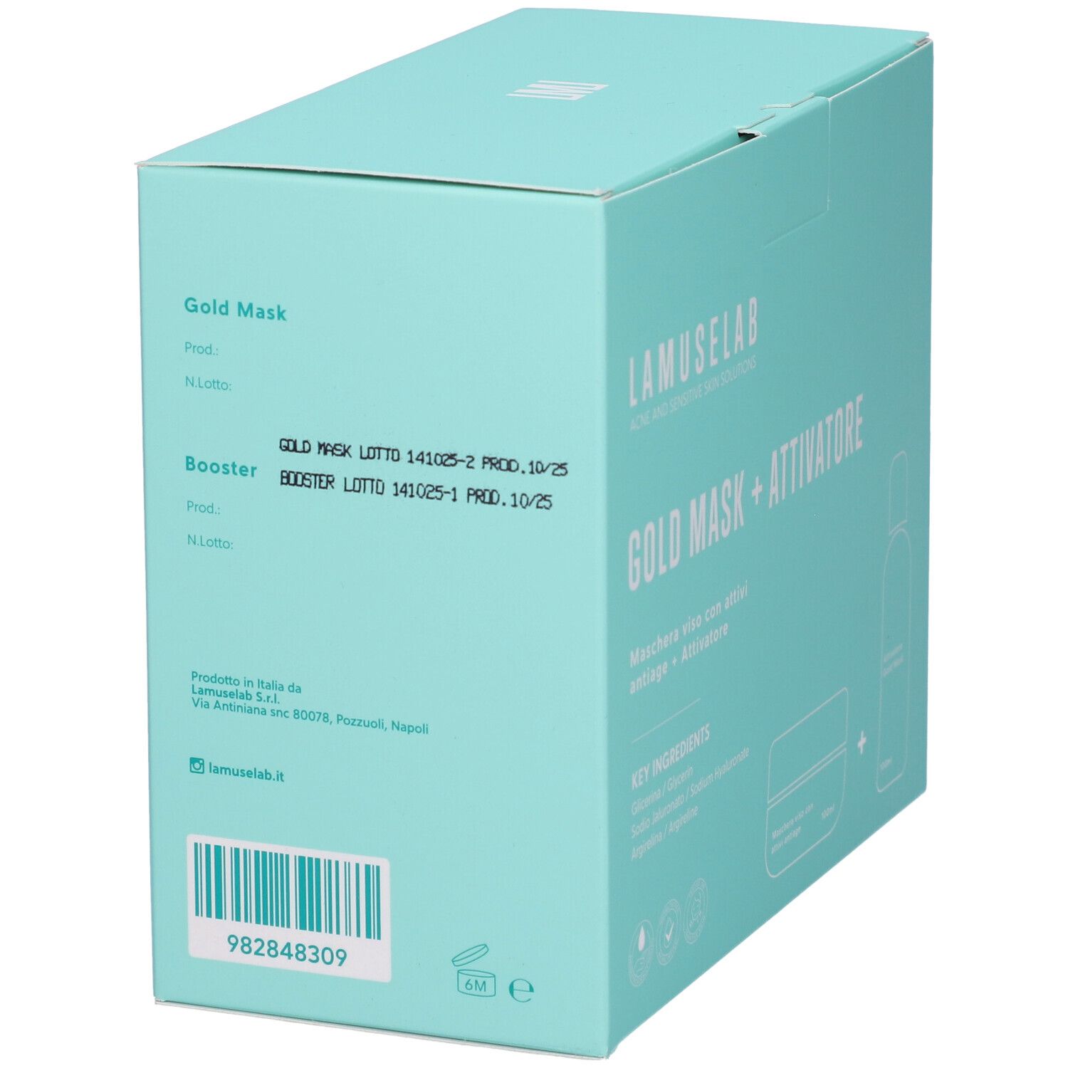 Scatola turchese, vista laterale. Scritta: GOLD MASK + ATTIVATORE. Codice a barre e testo. Informazioni sul prodotto.