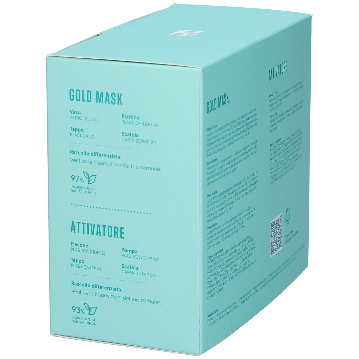 Scatola turchese, vista laterale. Testo sui materiali di imballaggio. Scritta: GOLD MASK + ATTIVATORE.