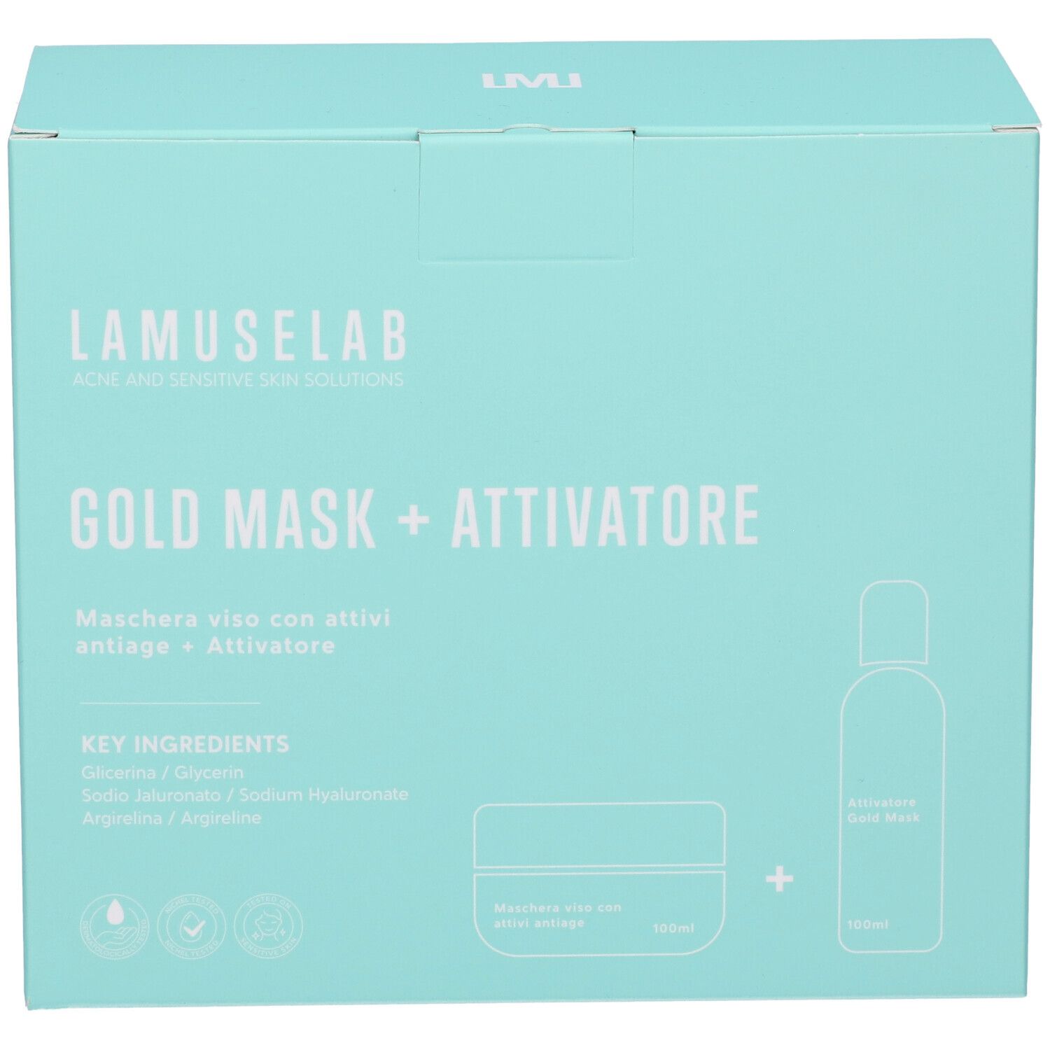 Scatola turchese con nome e logo del prodotto. Contiene un vasetto di crema e una bottiglia. Scritta: GOLD MASK + ATTIVATORE.