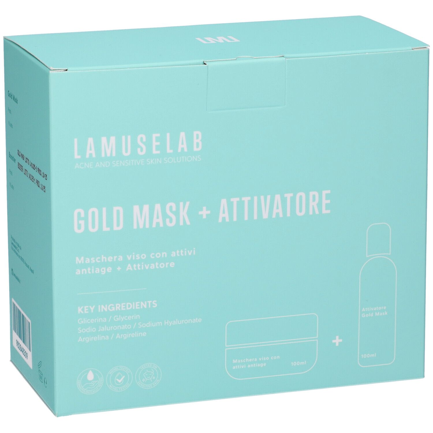 Scatola turchese con nome e logo del prodotto. Contiene un vasetto di crema e una bottiglia. Scritta: GOLD MASK + ATTIVATORE.
