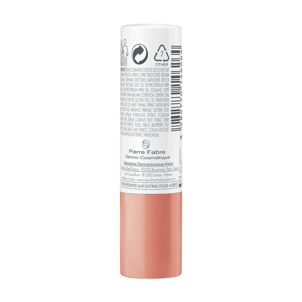 Retro dello stick labbra. Testo: ingredienti, Pierre Fabre, Dermo-Cosmétique, 92100 Boulogne, Francia.