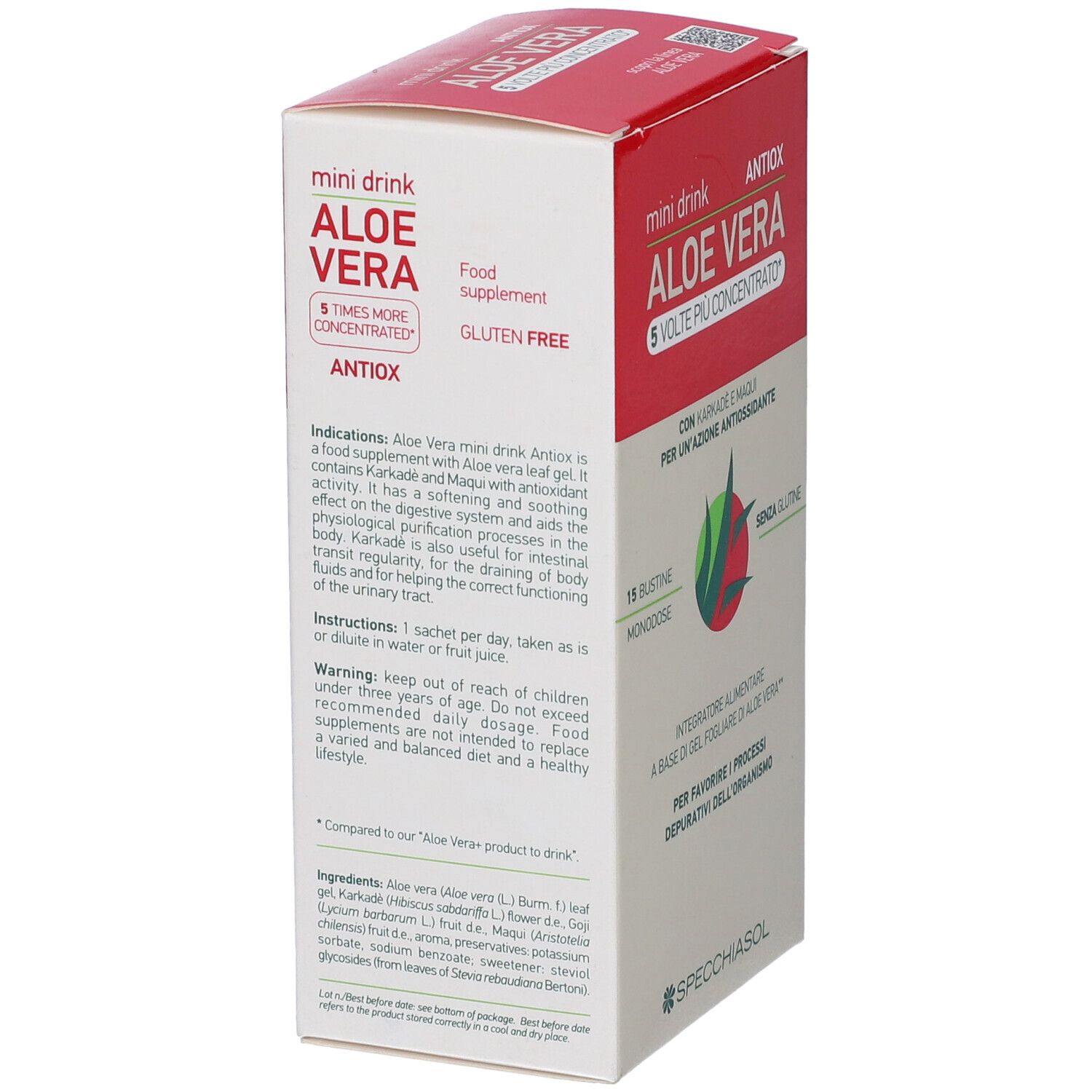 Vista laterale della scatola di mini drink all'aloe vera. Testo: Integratore alimentare, Senza glutine. Descrizione e ingredienti.