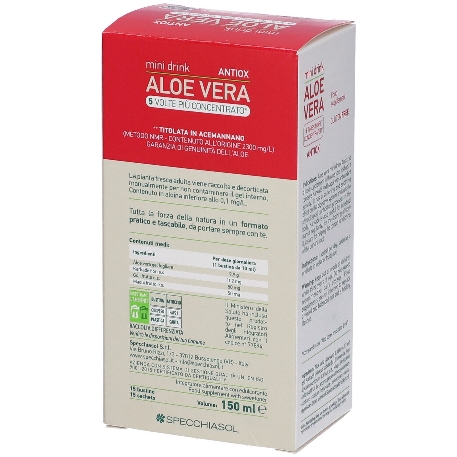Retro della scatola di mini drink all'aloe vera. Testo: Titolato in acemannano, ingredienti, informazioni nutrizionali, 150 ml.
