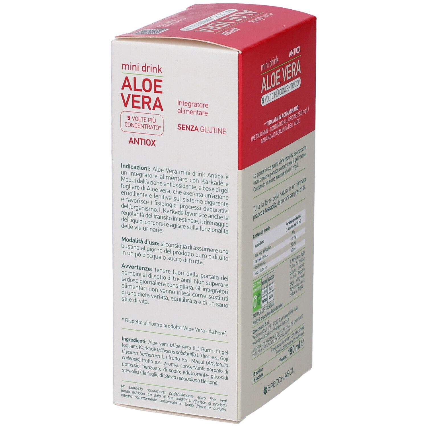 Vista laterale della scatola di mini drink all'aloe vera. Testo: Integratore alimentare, Senza glutine. Istruzioni per l'uso.
