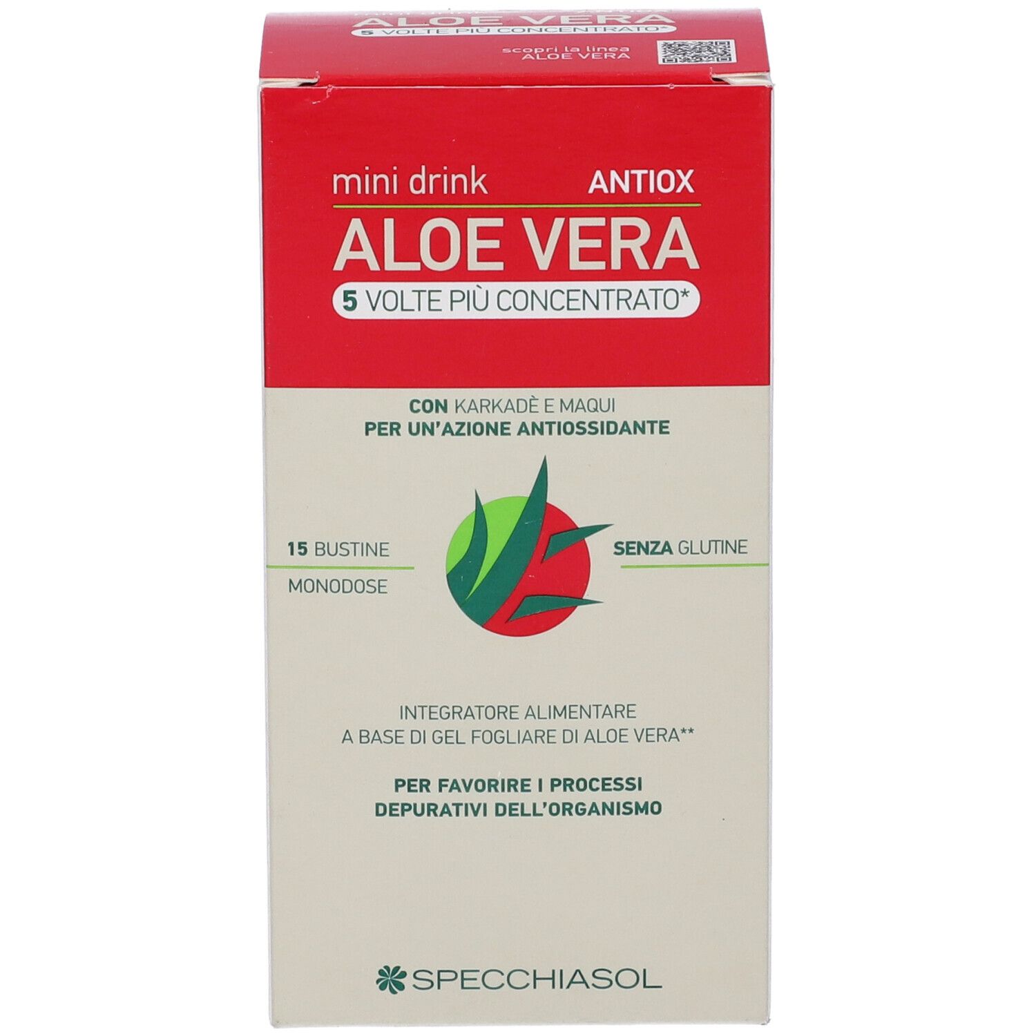 Vista frontale della scatola di mini drink all'aloe vera. Sfondo rosso e bianco. Testo: 5 Volte Piu' Concentrato, 15 Bustine Monodose, Senza glutine.