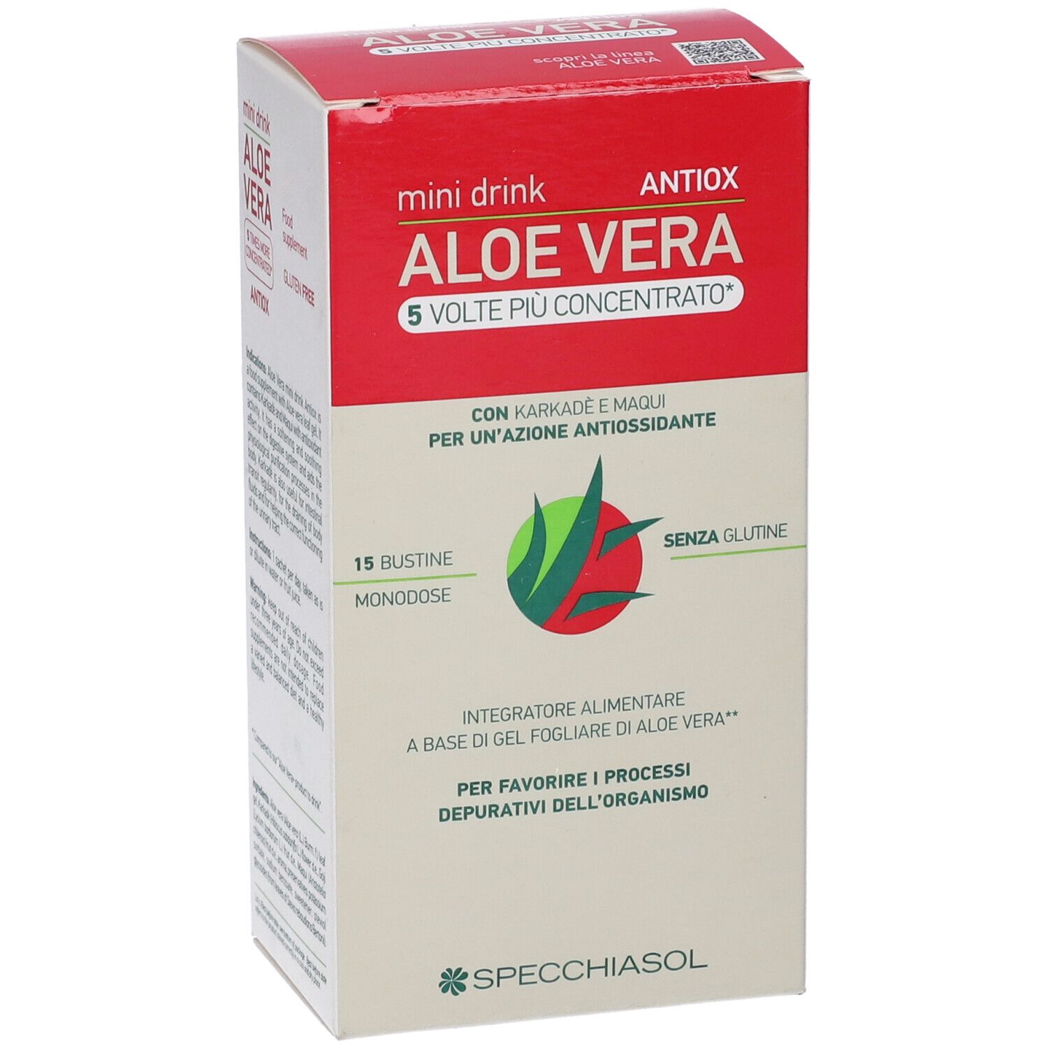 Vista frontale della scatola di mini drink all'aloe vera. Sfondo rosso e bianco. Testo: 5 Volte Piu' Concentrato, 15 Bustine Monodose, Senza glutine.
