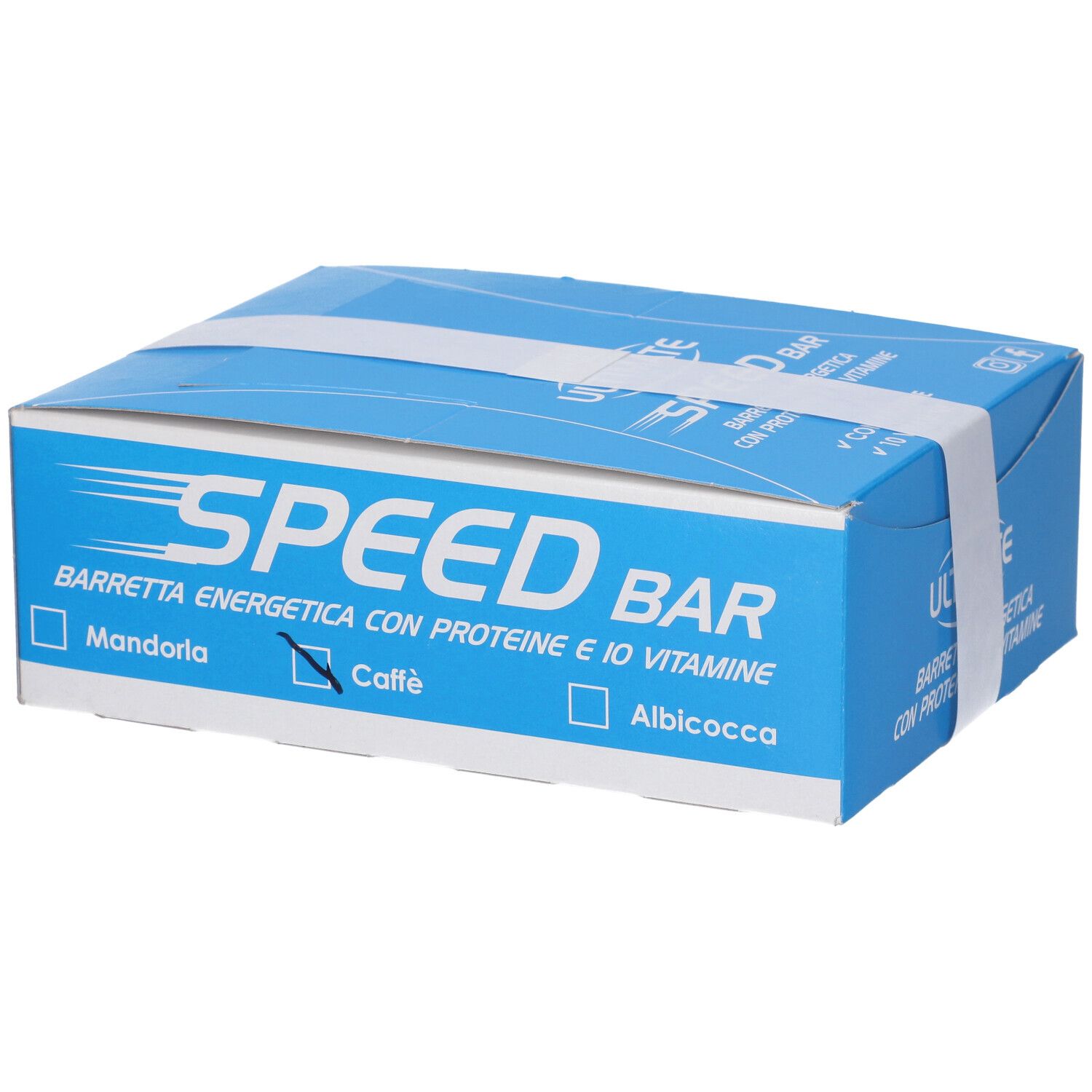 Scatola blu con fascia bianca. Scritta: SPEED BAR, Barretta Energetica, con proteine e vitamine. Gusto: Caffè.