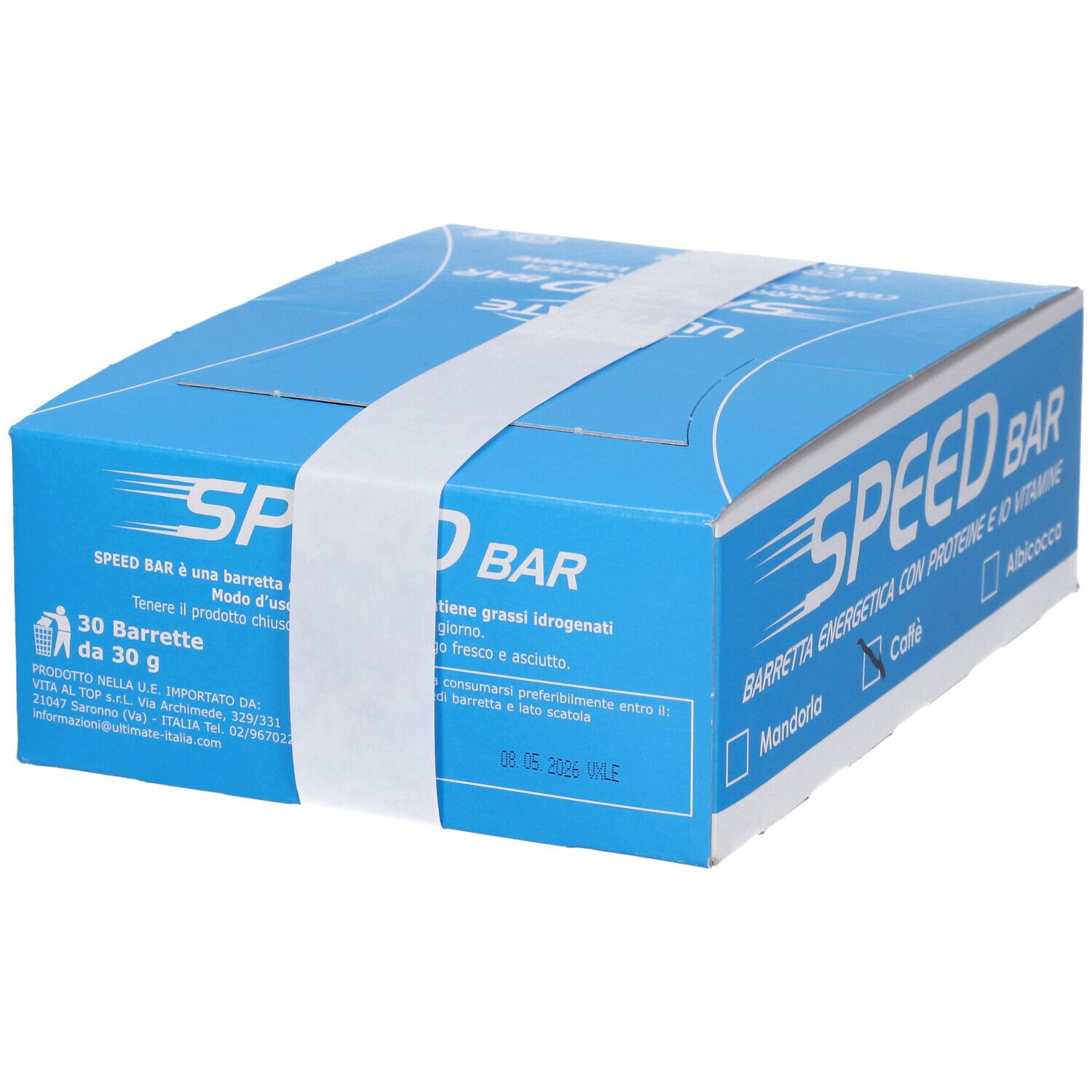 Scatola blu con fascia bianca. Scritta: SPEED BAR, Barretta Energetica, con proteine e vitamine. 30 barrette.