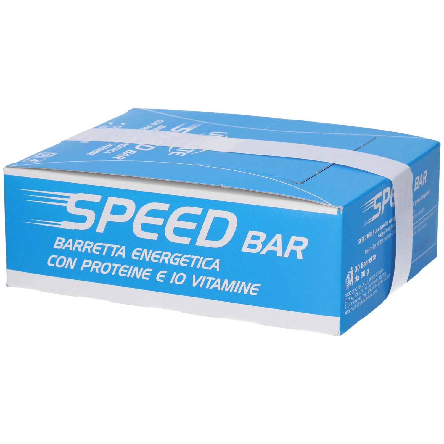 Scatola blu con fascia bianca. Scritta: SPEED BAR, Barretta Energetica, con proteine e vitamine.