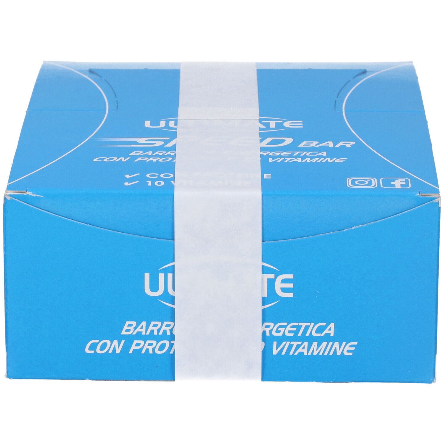 Scatola blu con fascia bianca. Scritta: Ultimate, SPEED BAR, Barretta Energetica, con proteine e vitamine.