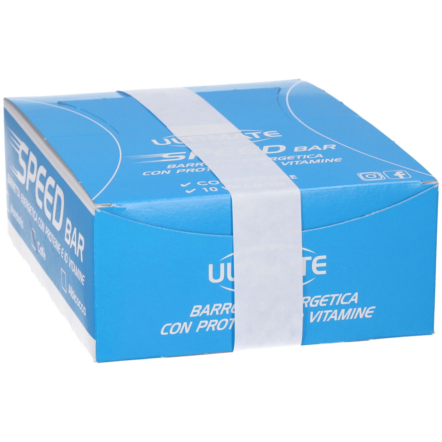 Scatola blu con fascia bianca. Scritta: Ultimate, SPEED BAR, Barretta Energetica, con proteine e vitamine. Gusto.