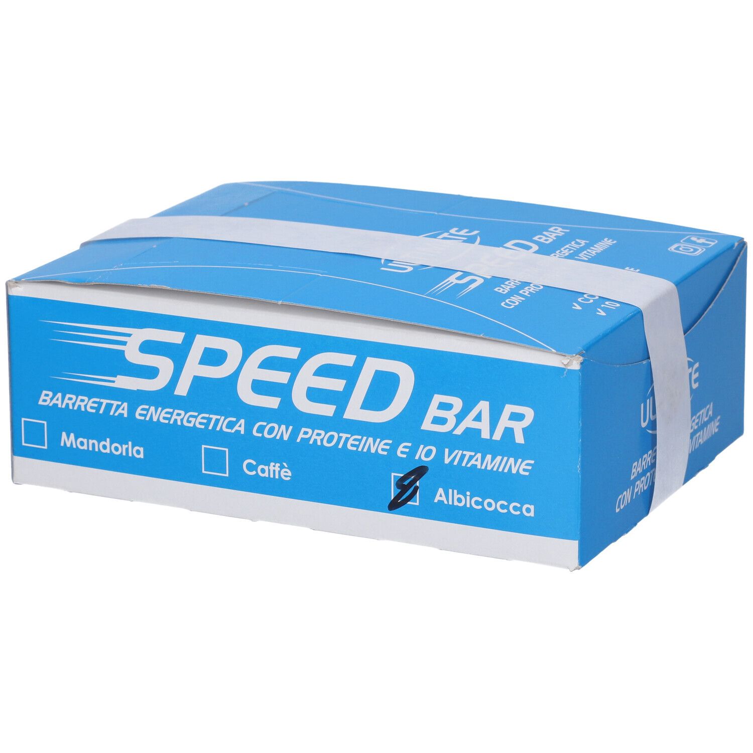 Scatola blu con fascia bianca. Scritta: SPEED BAR, Barrette Energetiche, con proteine e 10 vitamine. Gusti: Mandorla, Caffè, Albicocca.