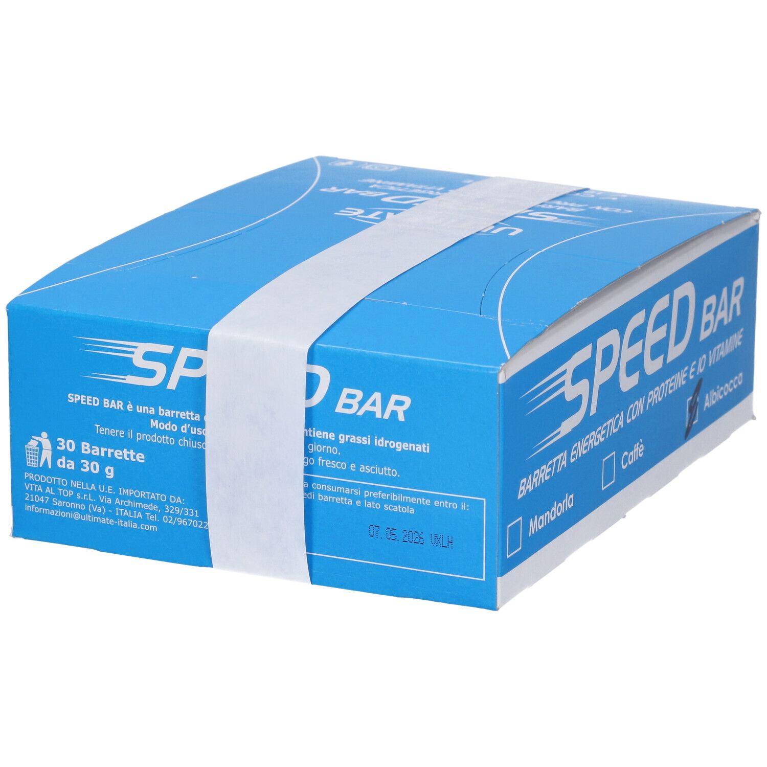 Scatola blu con fascia bianca. Scritta: SPEED BAR, Barrette Energetiche, con proteine e 10 vitamine. Contiene 30 barrette.