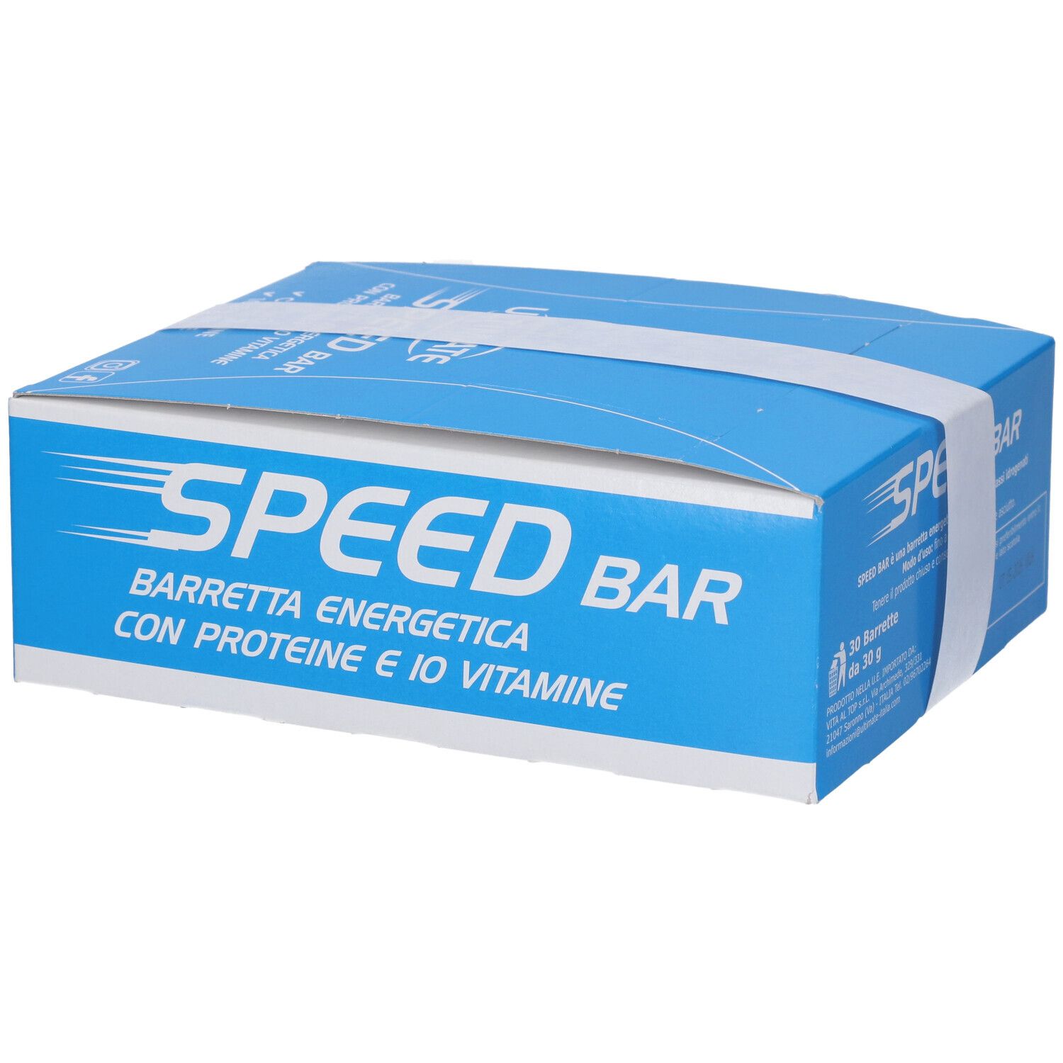 Scatola blu con fascia bianca. Scritta: SPEED BAR, Barrette Energetiche, con proteine e 10 vitamine. Marchio: Ultimate.