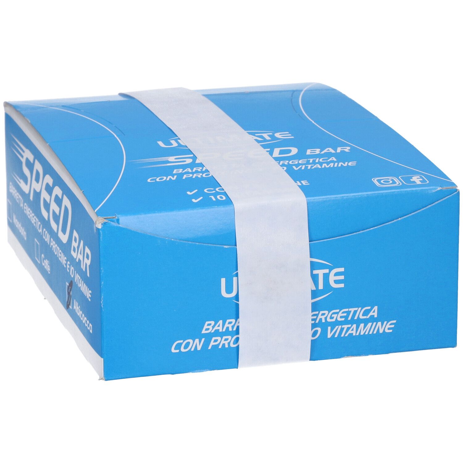 Scatola blu con fascia bianca. Scritta: SPEED BAR, Barrette Energetiche, con proteine e 10 vitamine. Gusto: Albicocca.
