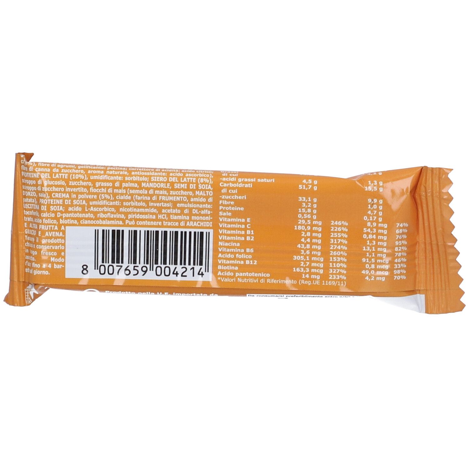 Retro della barretta energetica. Confezione arancione con informazioni nutrizionali e codice a barre.