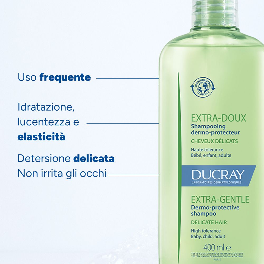 Flacone di shampoo verde. Testo: Uso frequente, idratazione, lucentezza ed elasticità, detersione delicata, non irrita gli occhi.