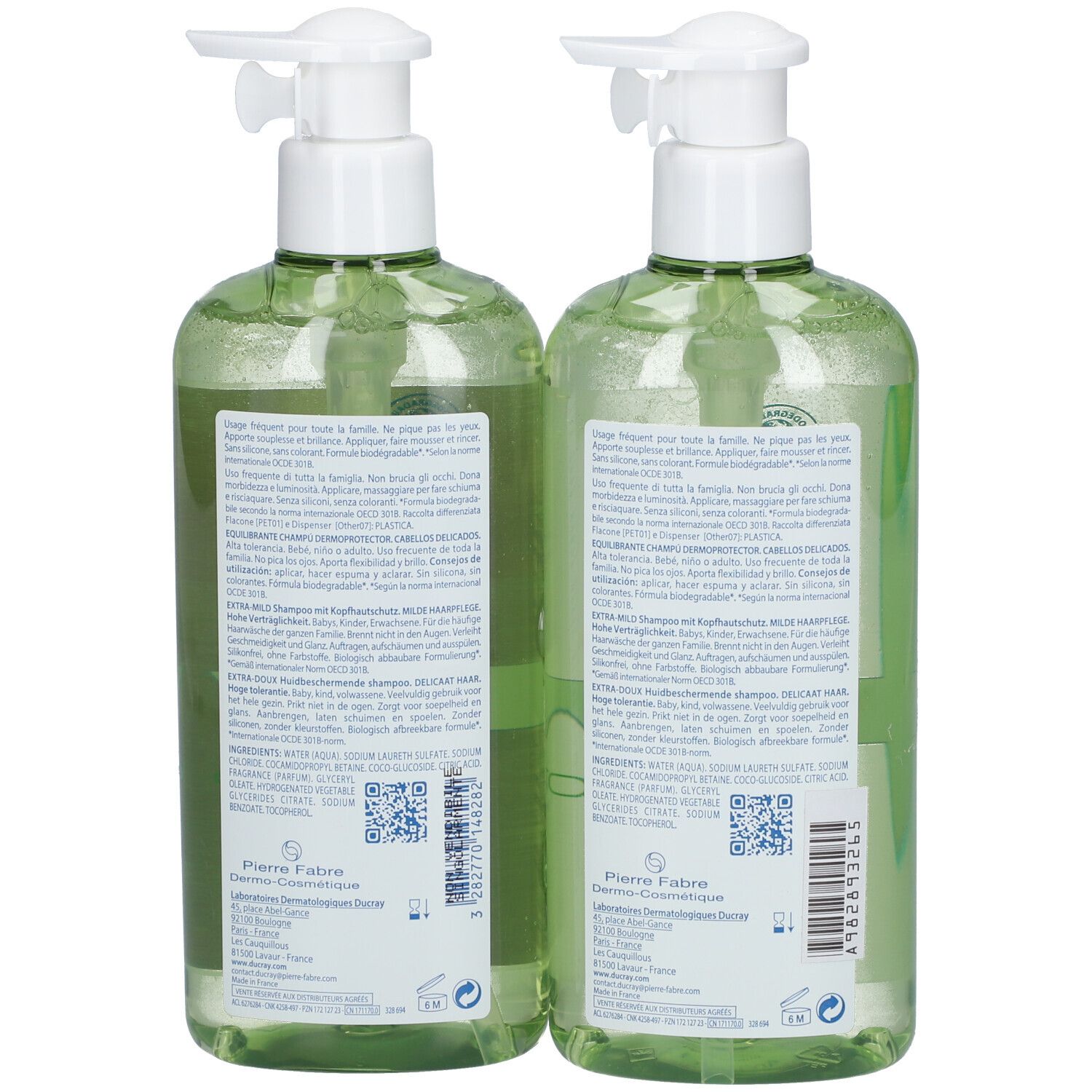 Retro di due flaconi verdi di shampoo DUCRAY Extra-Delicato. Testo e codici QR sulle etichette.